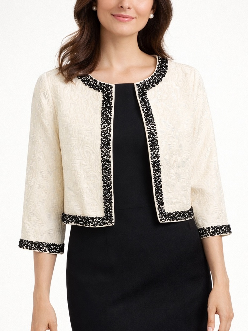 Talbots Ivory Jacquard Jacket Black Beaded Trim Cropped Size 14 Evening Bolero